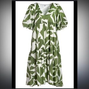 CROSBY by Mollie Burch Brawley Everglades Green and White Puff Sleeve Midi dress